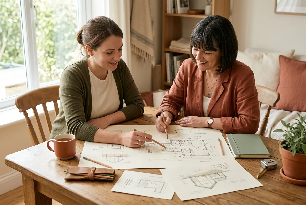 Deux professionnels examinant des plans dessinés à la main