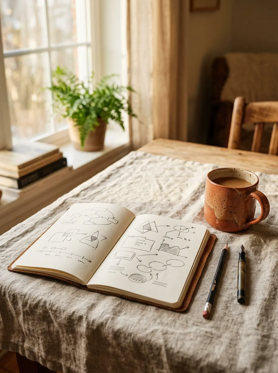 Atelier de travail chaleureux avec carnet et lumière naturelle