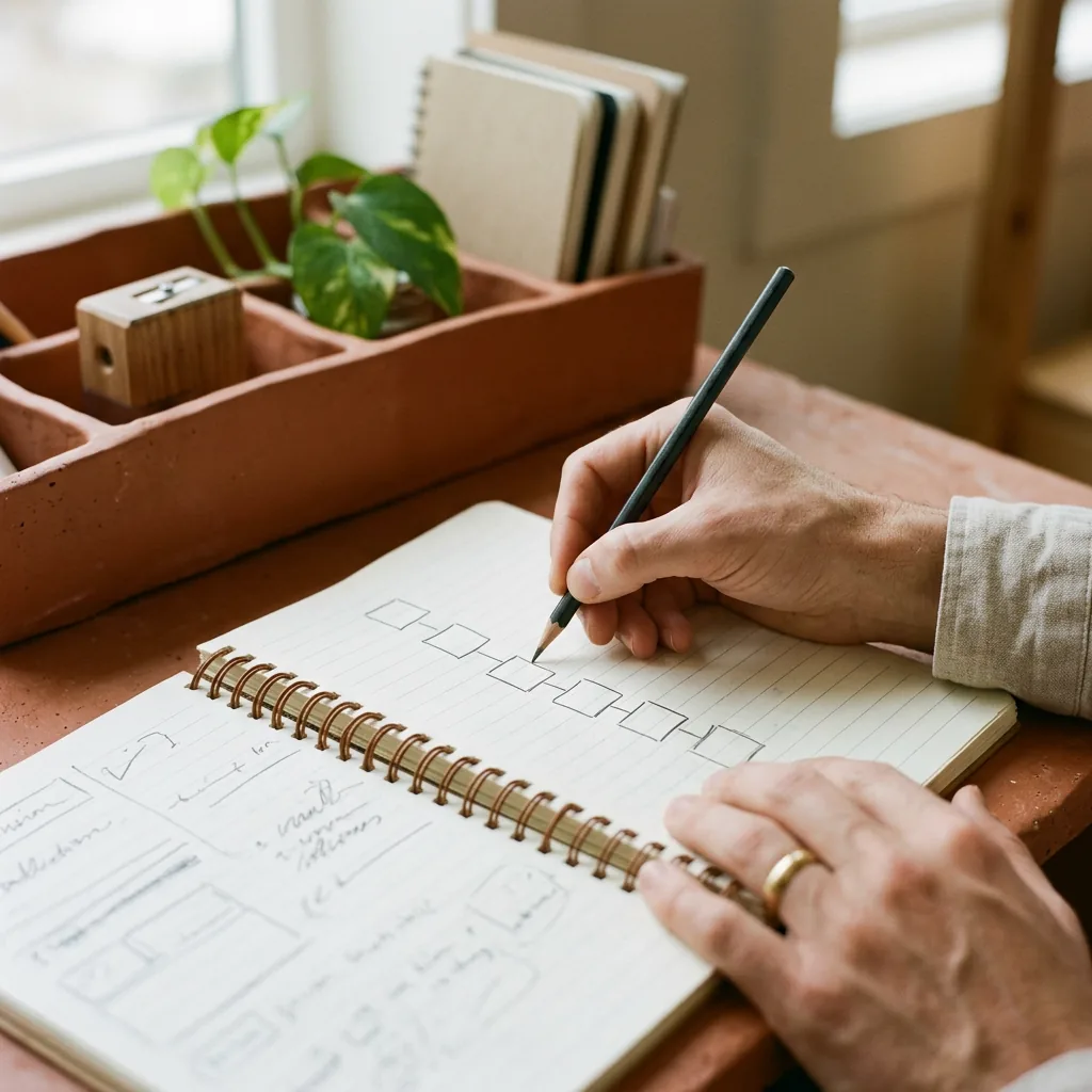 Mains dessinant un schéma simple dans un carnet